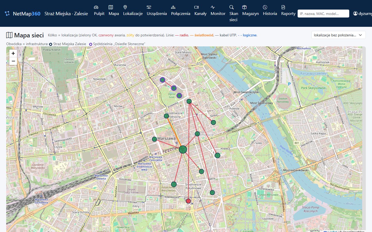 Mapa sieci w NetMap360: lokalizacje i łącza radiowe